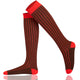 Brown knee-high socks with red ribbed 