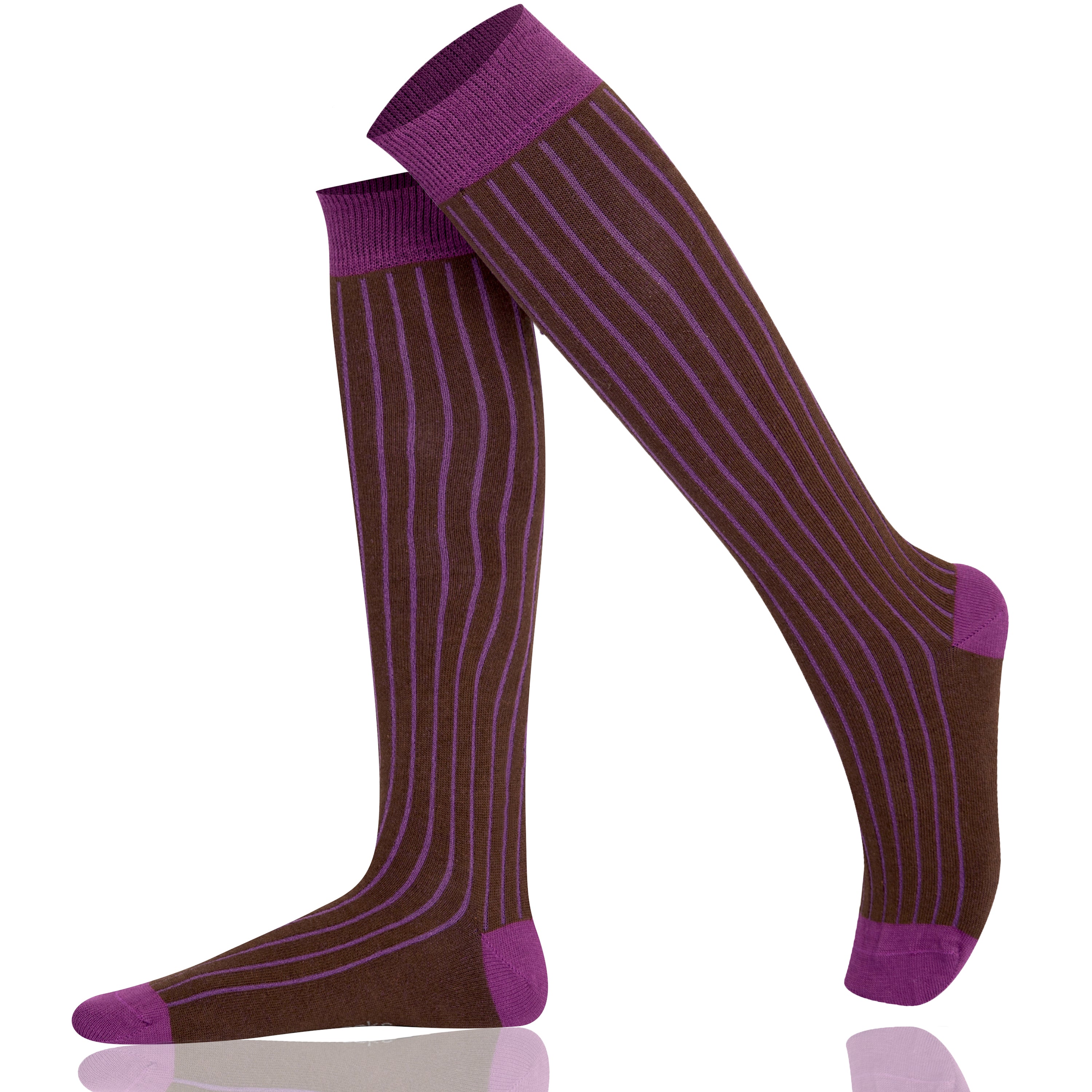 Brown and purple ribbed knee-high socks