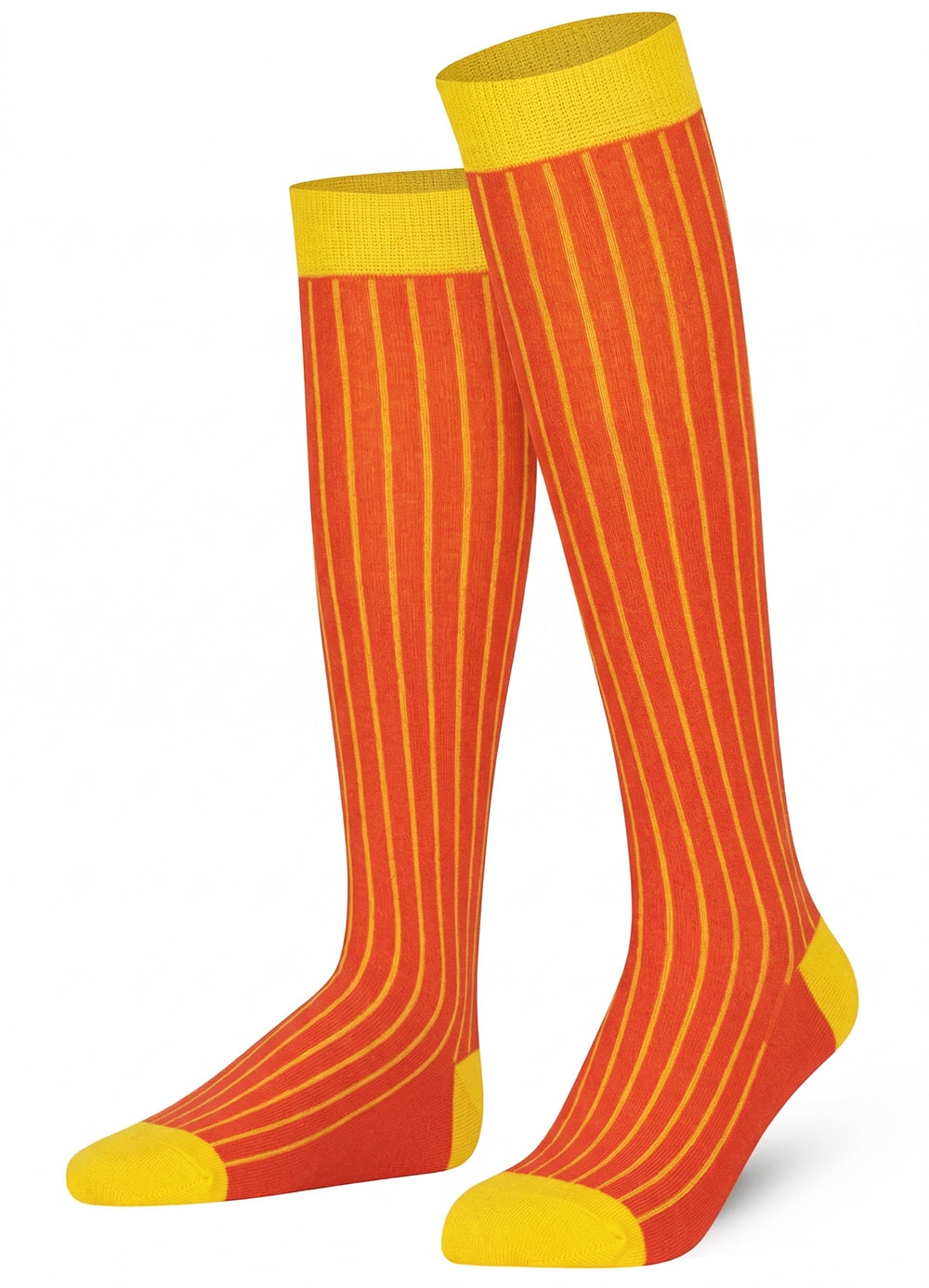 Pair of ribbed red knee-high socks with yellow accents 