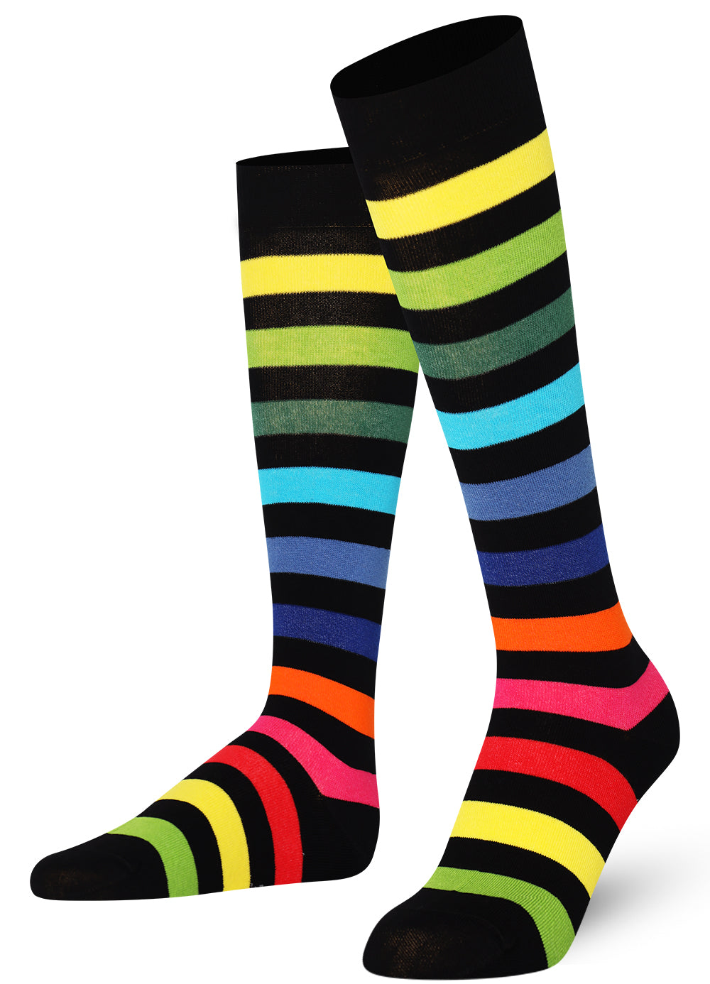 Dark Rainbow Mysocks stripe knee high socks made of extra fine combed cotton.
