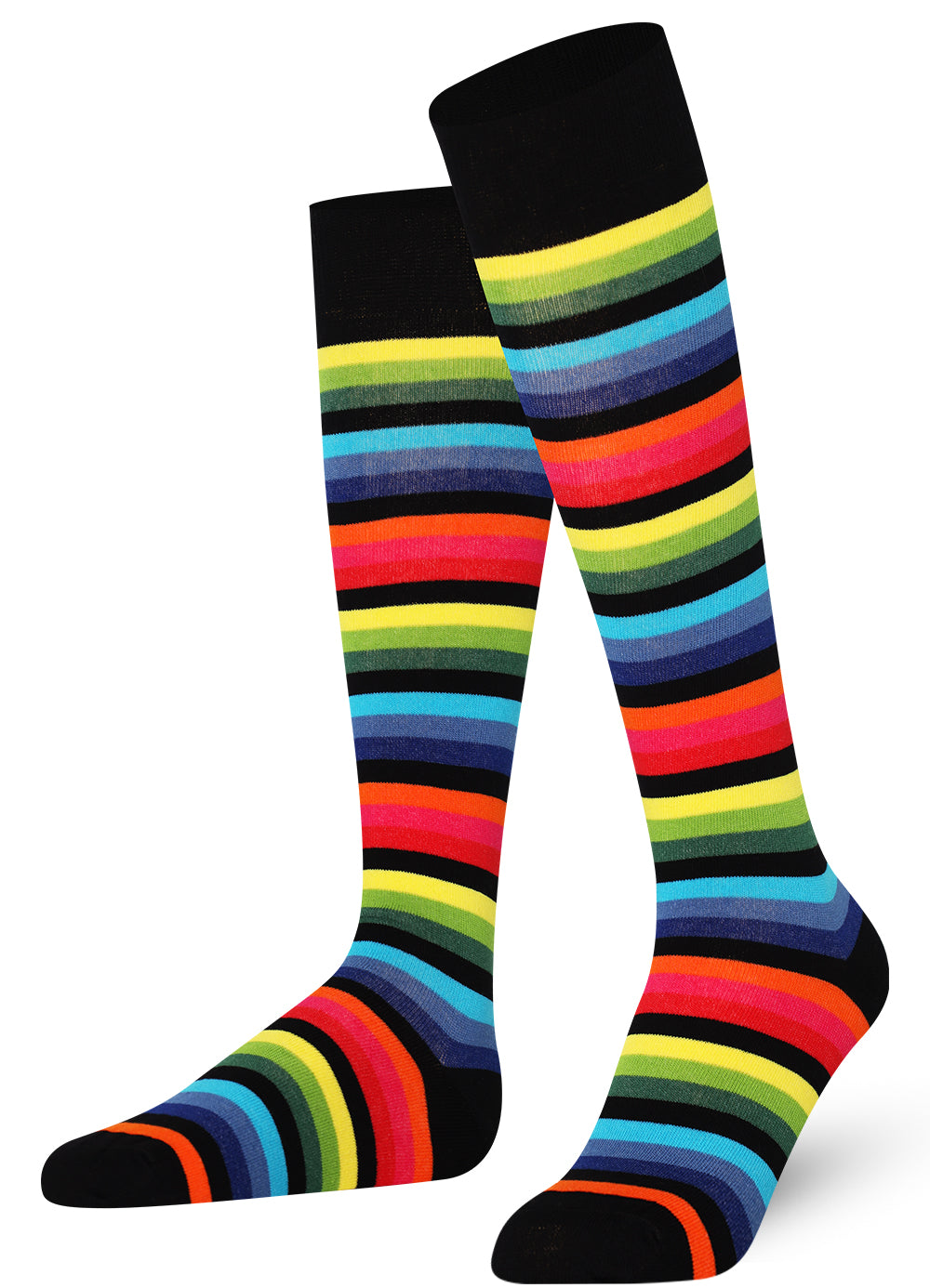 Dark Rainbow Mysocks stripe knee high socks made of extra fine combed cotton.