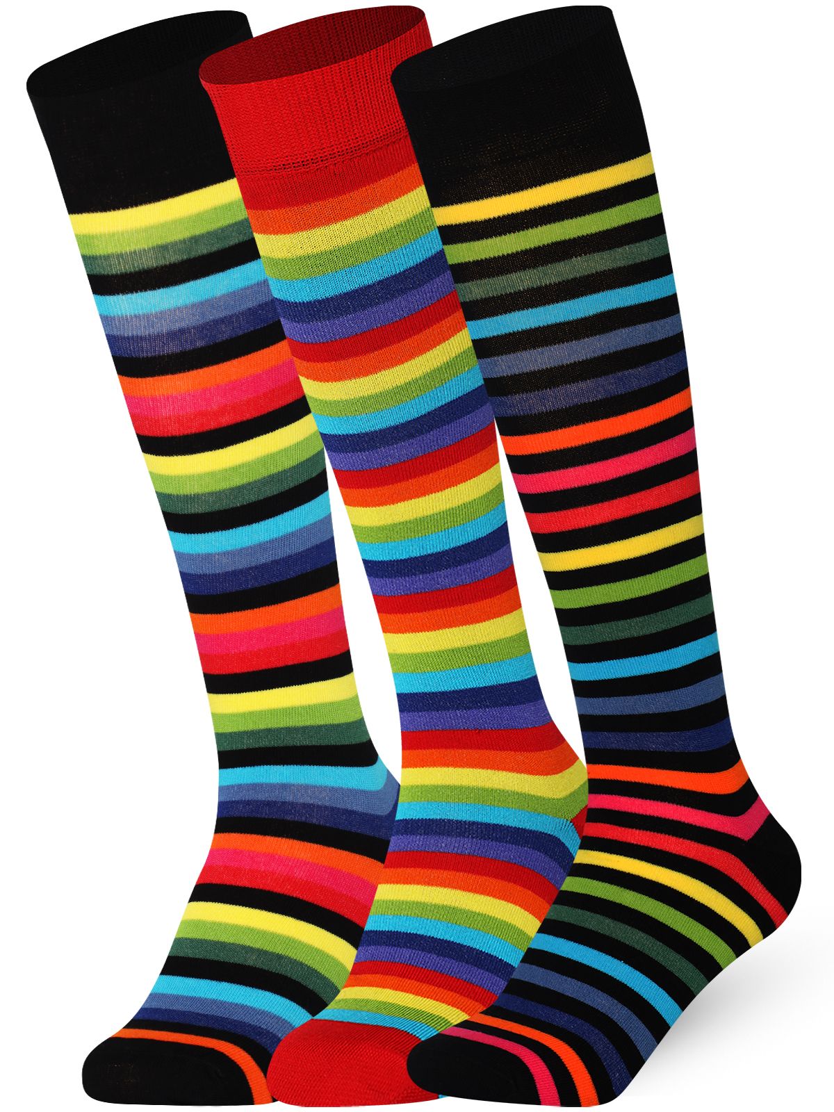 3 Pairs Dark Rainbow and red Mysocks stripe knee high socks made of extra fine combed cotton.
