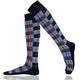 Tartan knee-high socks with blue, red, and black pattern on a white background