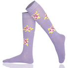 Pair of purple knee-high socks with floral patterns