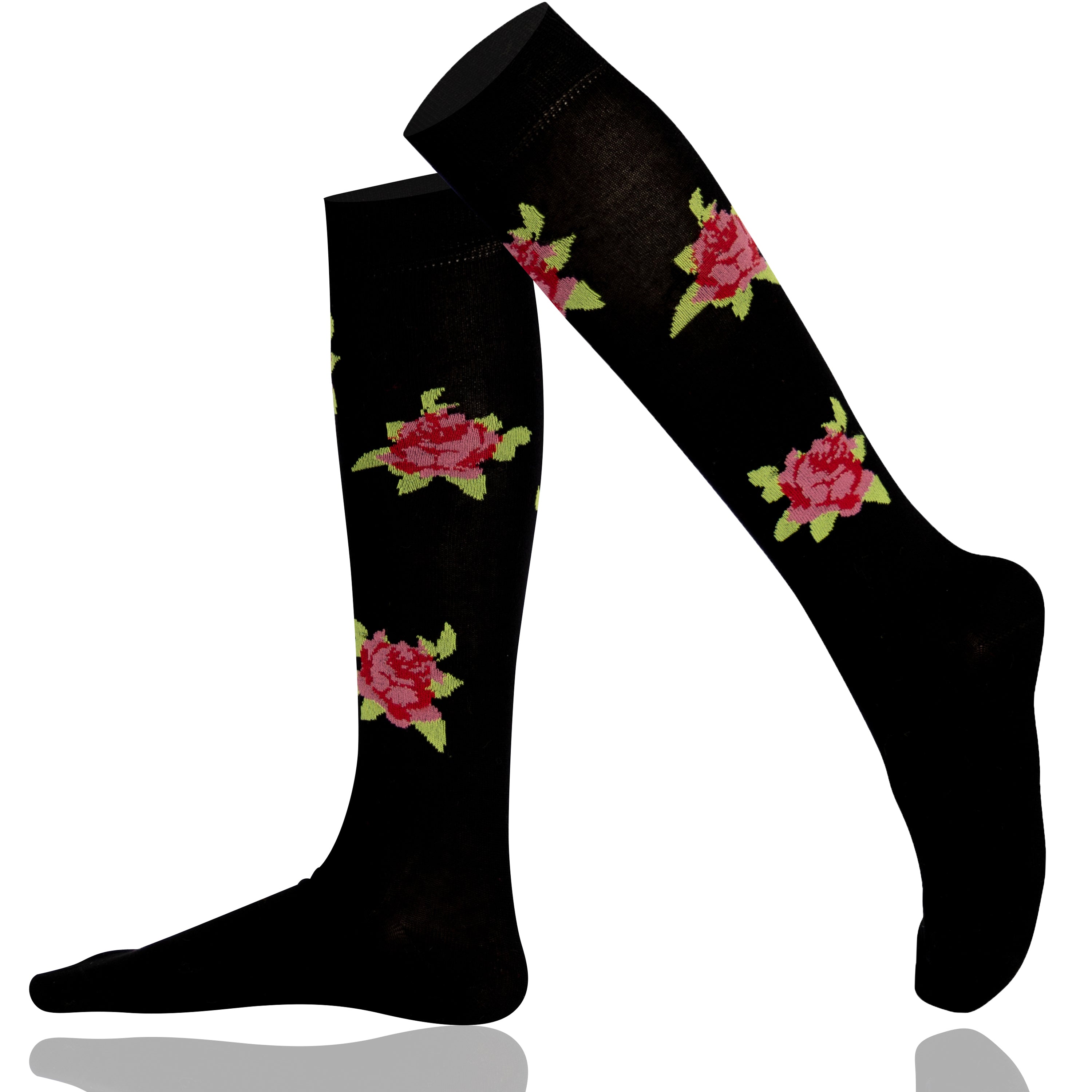 Black knee-high socks with red floral patterns 
