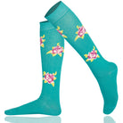 Turquoise knee-high socks with floral patterns 
