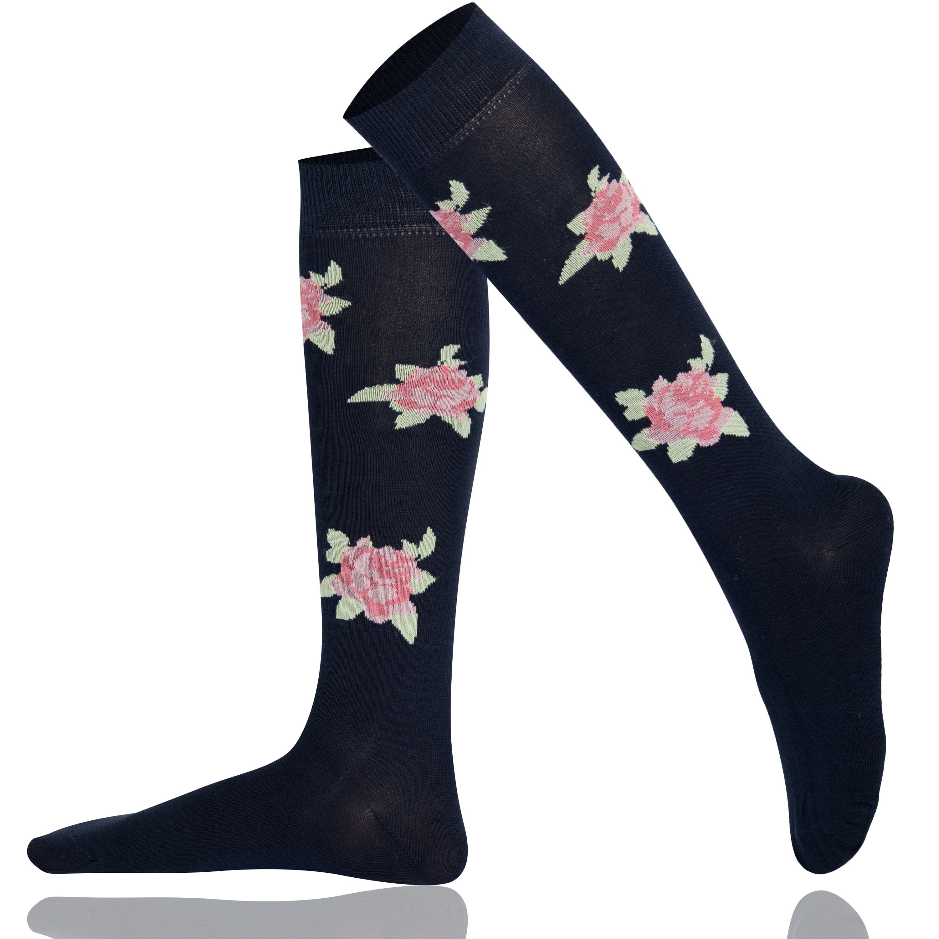 Navy blue knee-high socks with pink floral patterns
