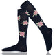 Navy blue knee-high socks with pink floral patterns