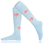 Light blue knee-high socks with pink floral patterns