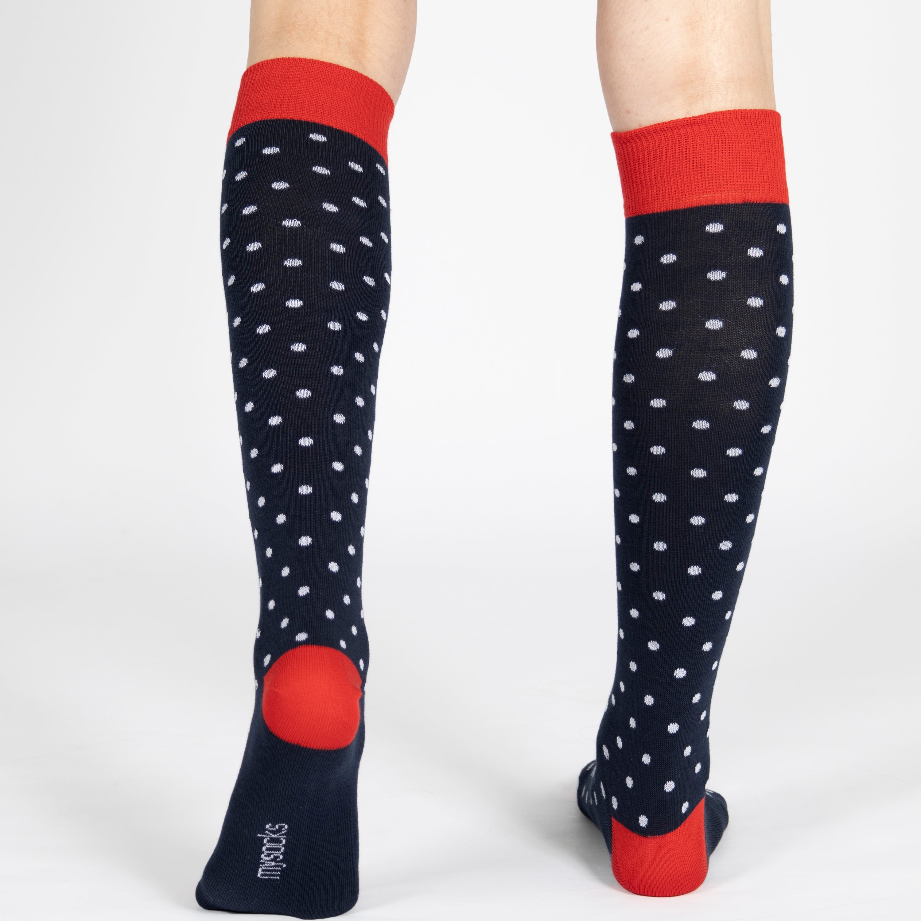 Red knee-high socks with white polka dots Back