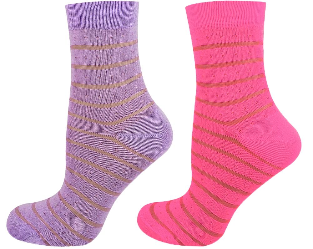 Two pairs of striped socks, one purple and one pink, on a white background.