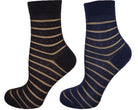 Pair of black and beige striped socks on a white background