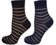 Pair of black and beige striped socks on a white background