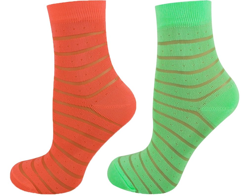 Two pairs of striped socks, one orange and one green, on a white background.