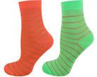 Two pairs of striped socks, one orange and one green, on a white background.
