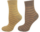 Two pairs of striped socks, one beige and one brown, on a white background.