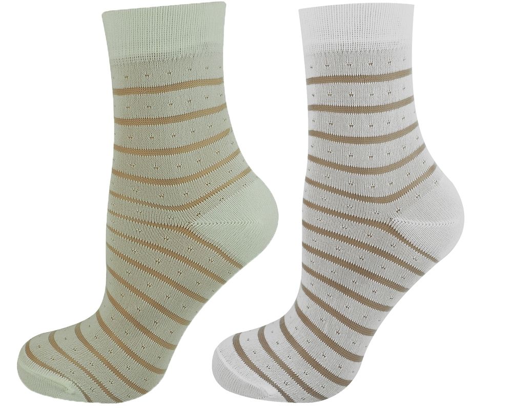 Two pairs of socks with striped patterns on a white background