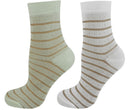 Two pairs of socks with striped patterns on a white background