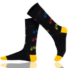 black unisex crew socks featuring a brown bicycle pattern and seamless toe design, made from premium combed cotton for men and women