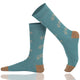Mint unisex crew socks featuring a brown bicycle pattern and seamless toe design, made from premium combed cotton for men and women