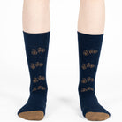 Navy blue unisex crew socks featuring a brown bicycle pattern and seamless toe design, made from premium combed cotton for men and women
