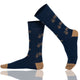 Navy blue unisex crew socks featuring a brown bicycle pattern and seamless toe design, made from premium combed cotton for men and women