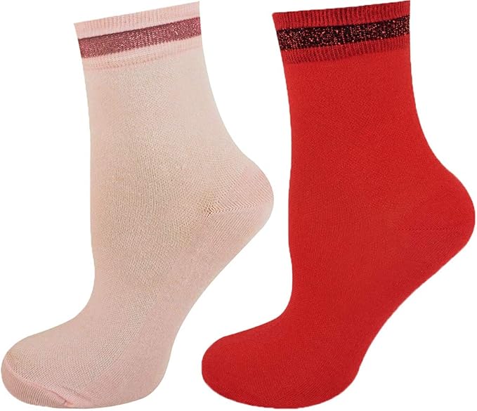 Women's glittered ankle socks with top stripe in pink, red, and black