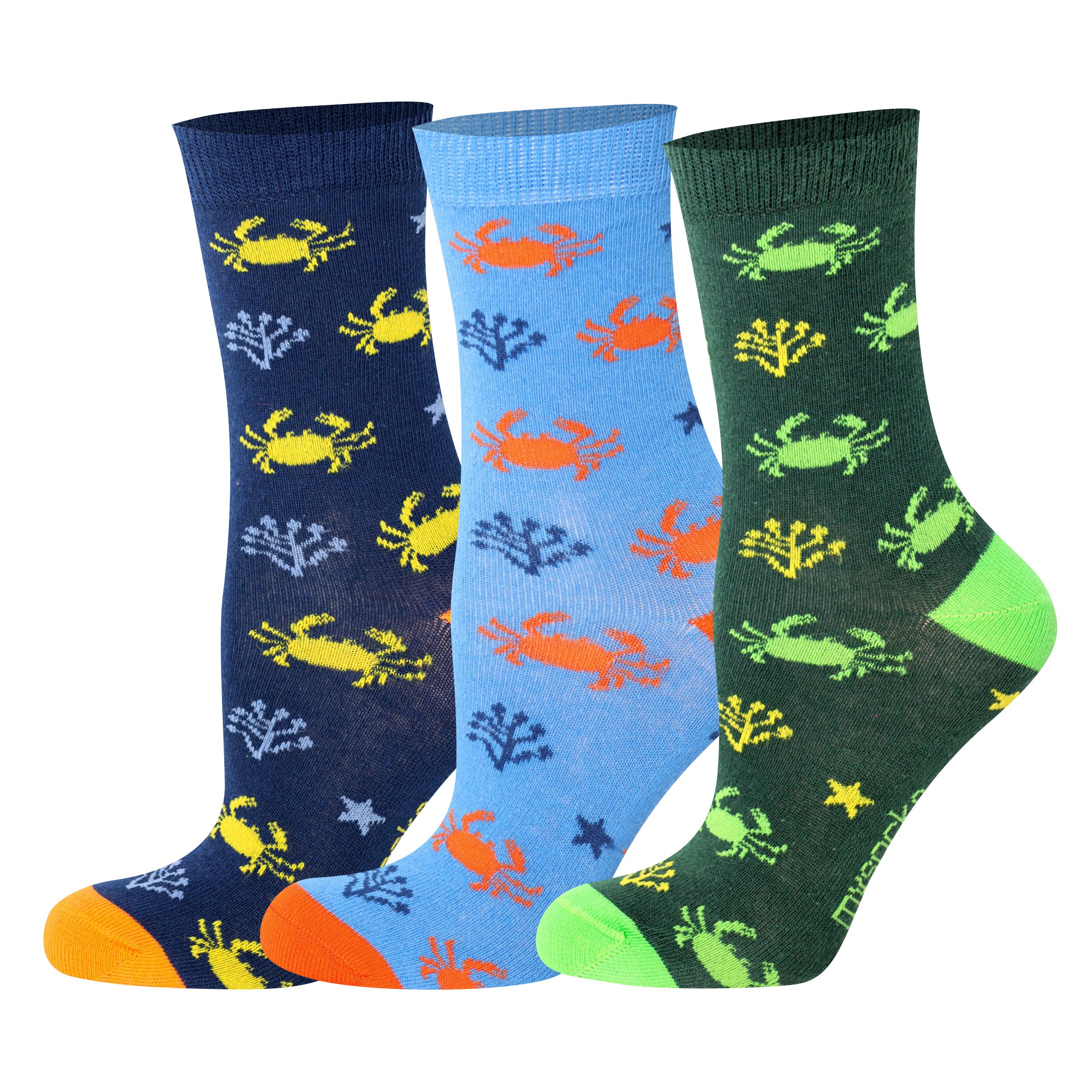 3 pairs of kids crab pattern crew socks in green, blue, and dark green.