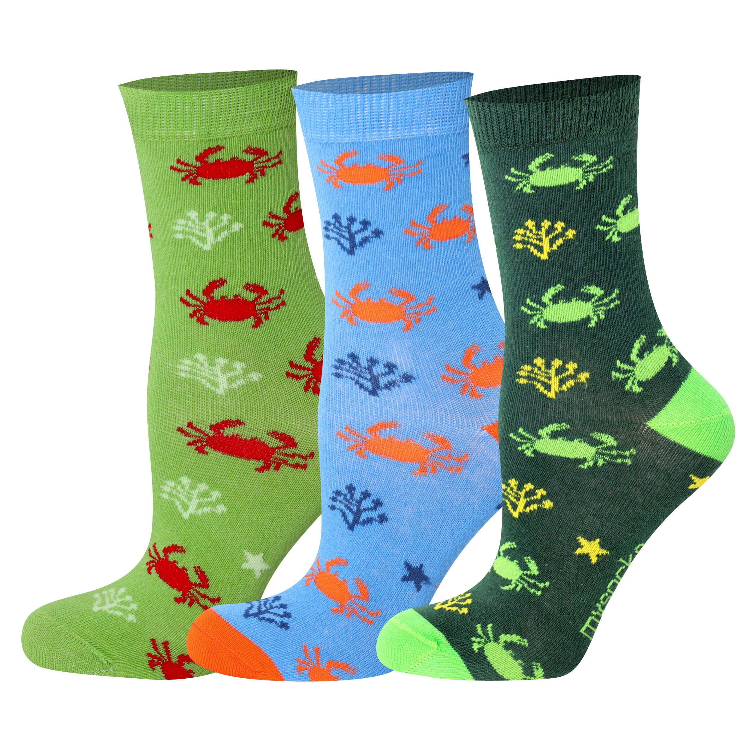 3 pairs of kids crab pattern crew socks in green, blue, and dark green.