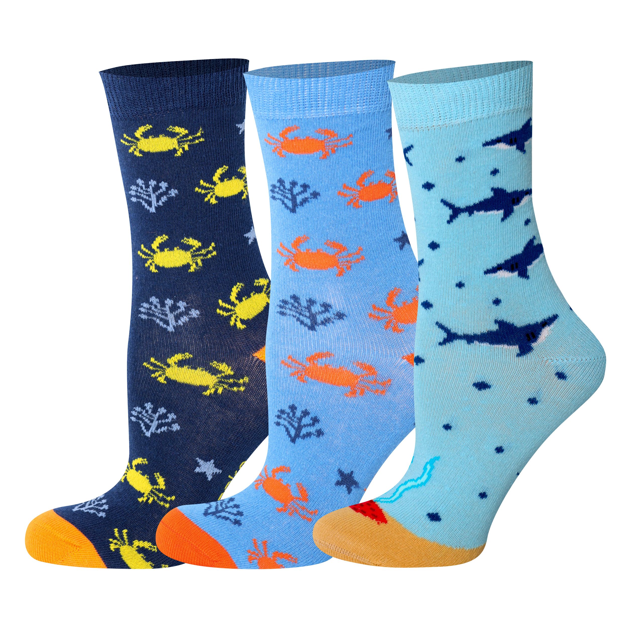 Three pairs of socks with crab and shark patterns on a white background