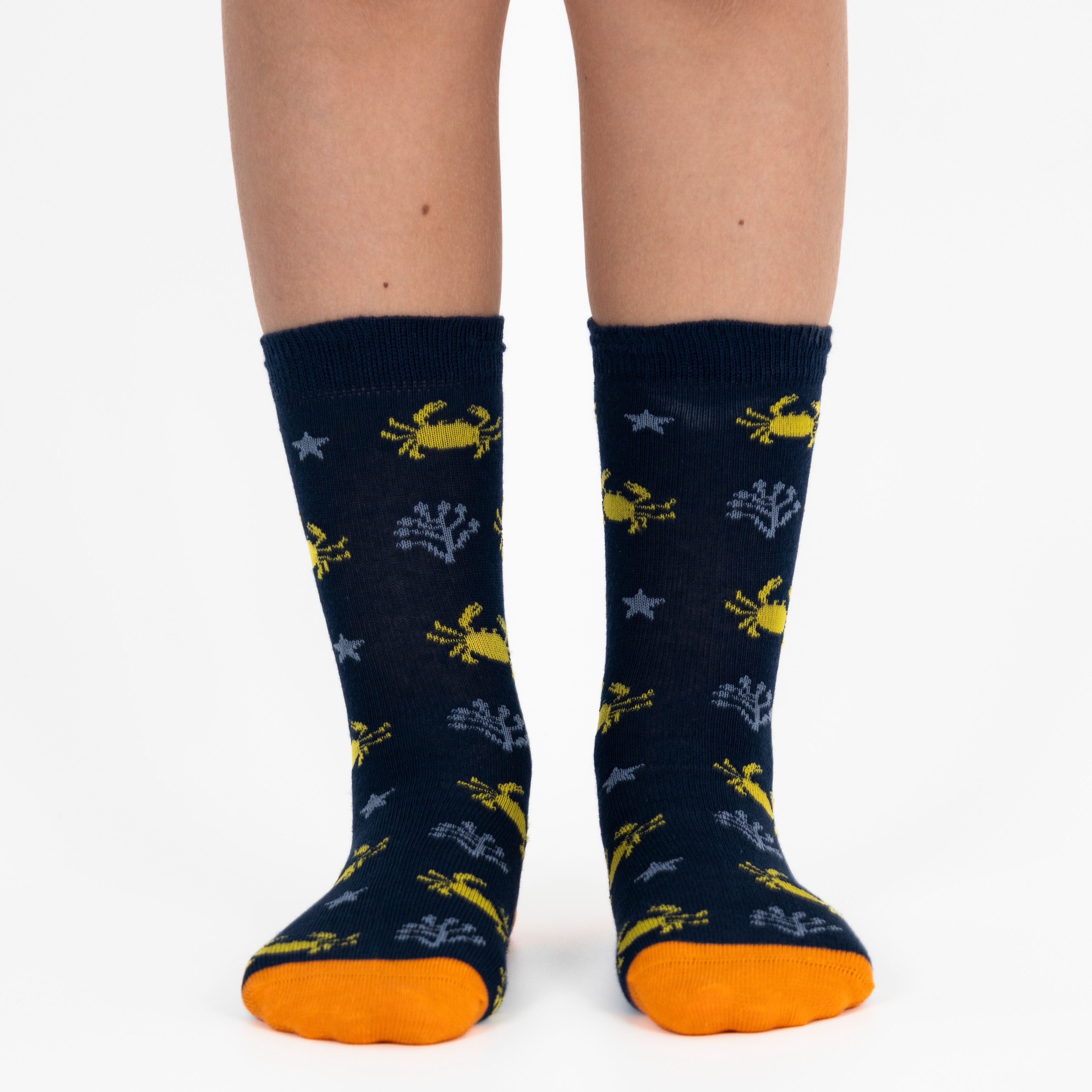 3 pairs of kids crab pattern crew socks in green, blue, and dark green.