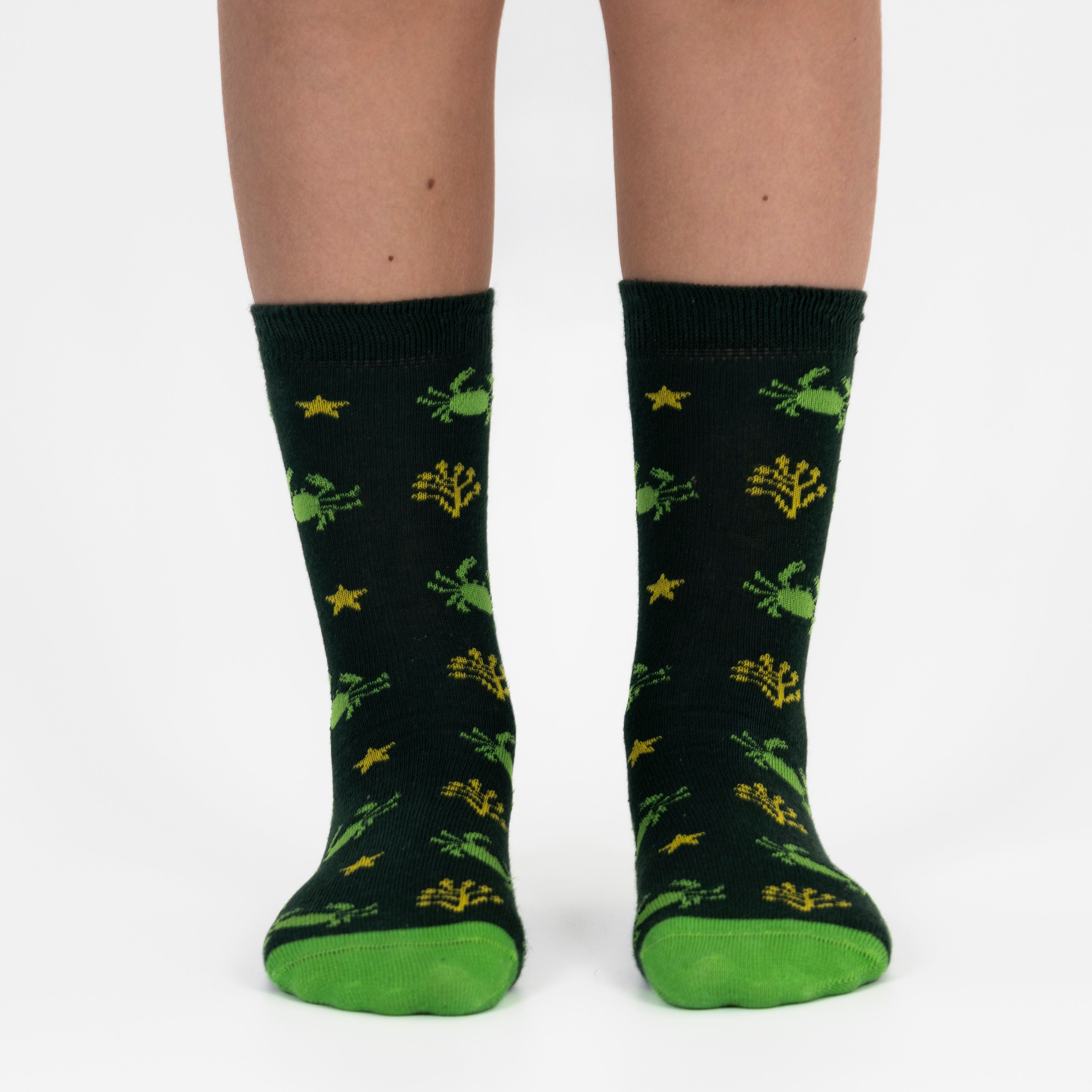 3 pairs of kids crab pattern crew socks in green, blue, and dark green.