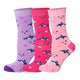 3 pairs of kids fish pattern crew socks in purple and pink with seamless toes.