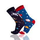 Two pairs of socks with space-themed designs on a white background