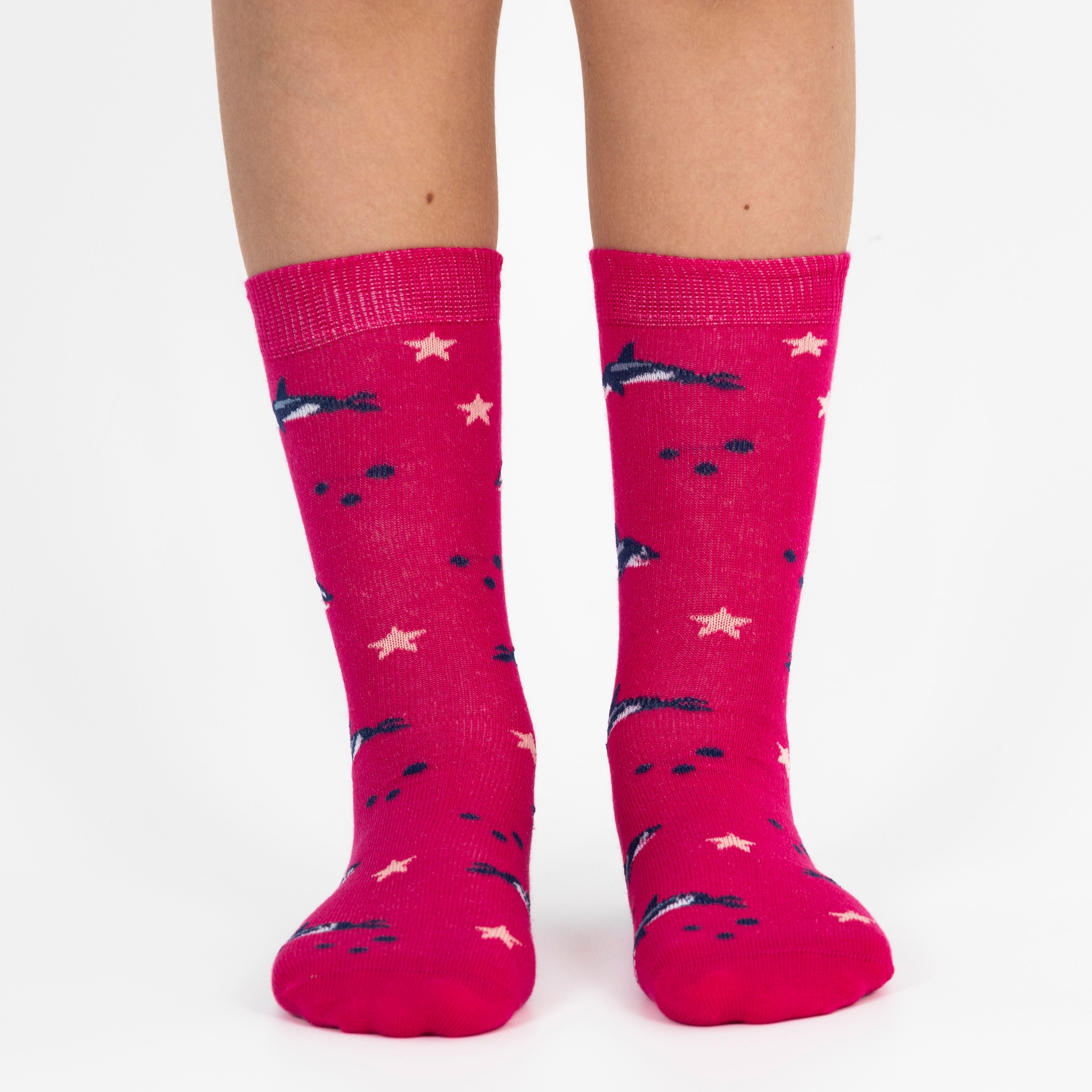 3 pairs of kids fish pattern crew socks in purple and pink with seamless toes.