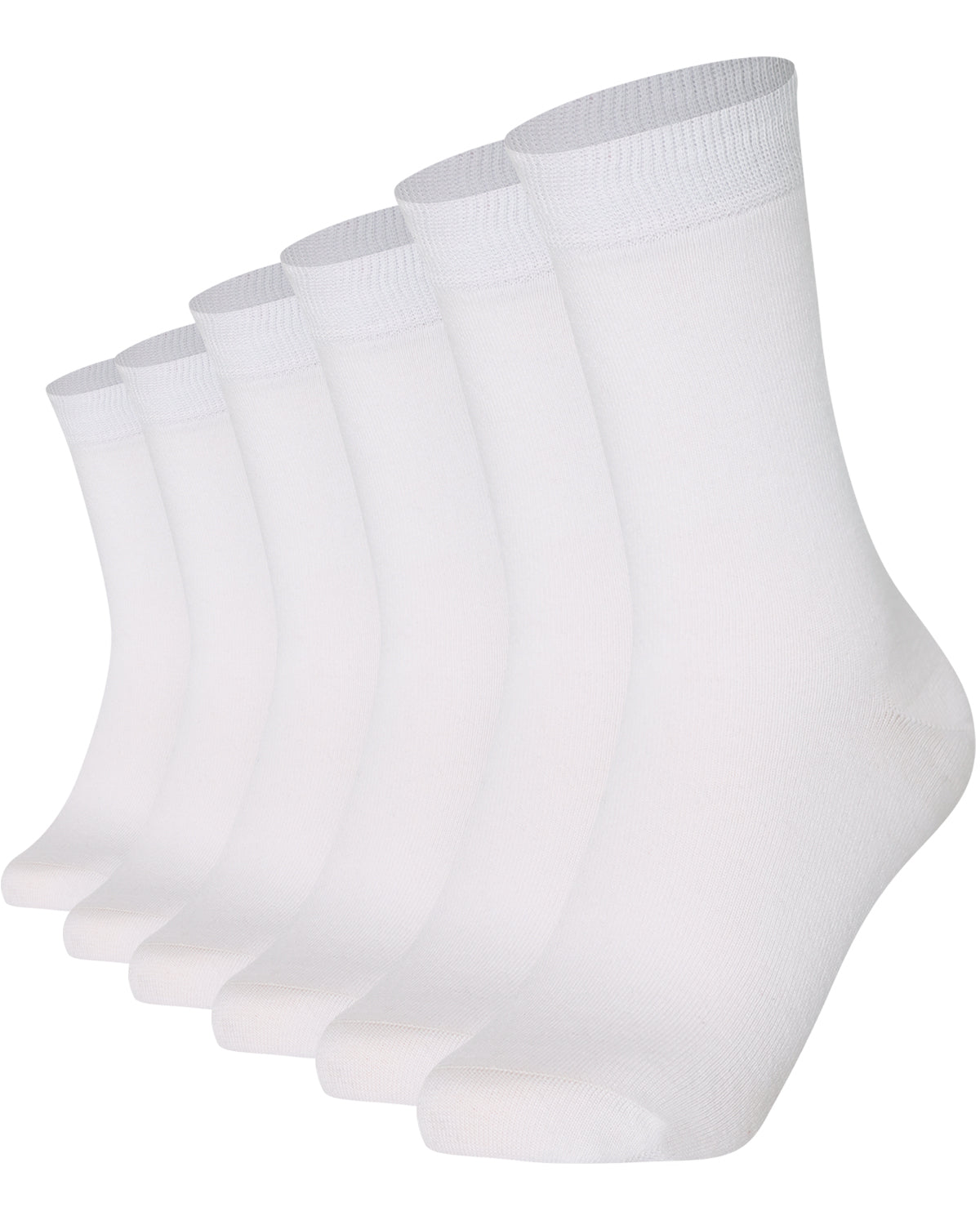 6 pairs of bright white unisex plain combed cotton crew socks featuring a seamless toe for men and women.