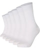 6 pairs of bright white unisex plain combed cotton crew socks featuring a seamless toe for men and women.