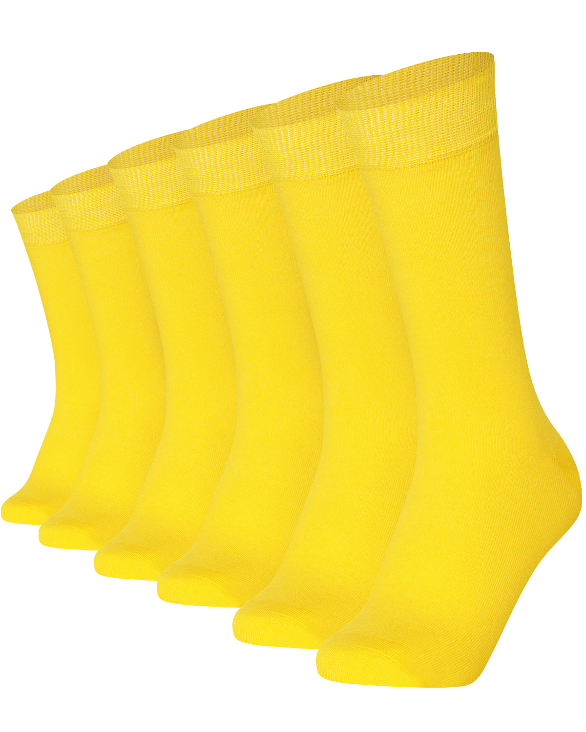 6 pairs of bright yellow unisex plain combed cotton crew socks featuring a seamless toe for men and women.