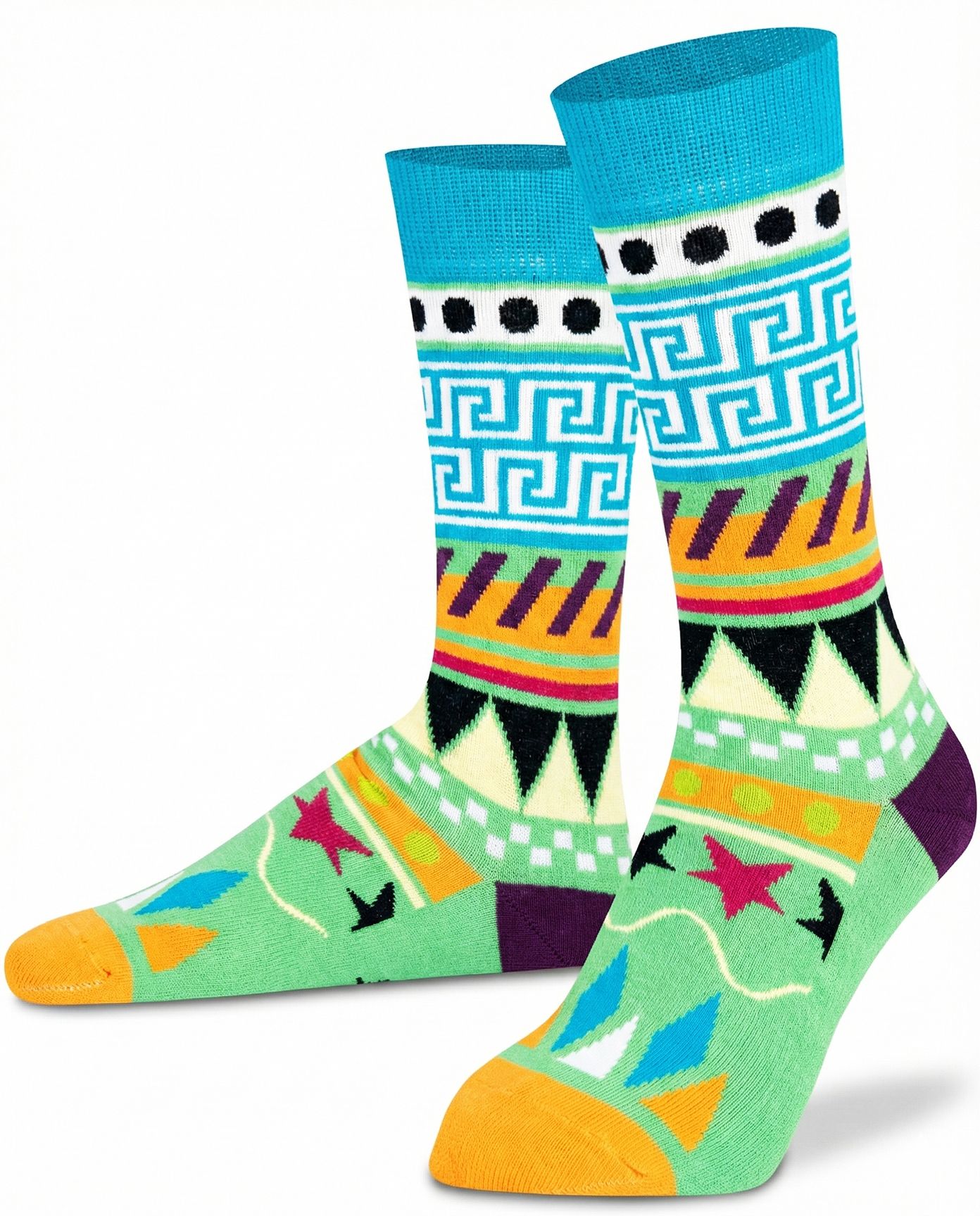 Pair of unisex Mysocks Aztec crew socks featuring vibrant geometric patterns in teal, yellow, and green, displayed on a white background.