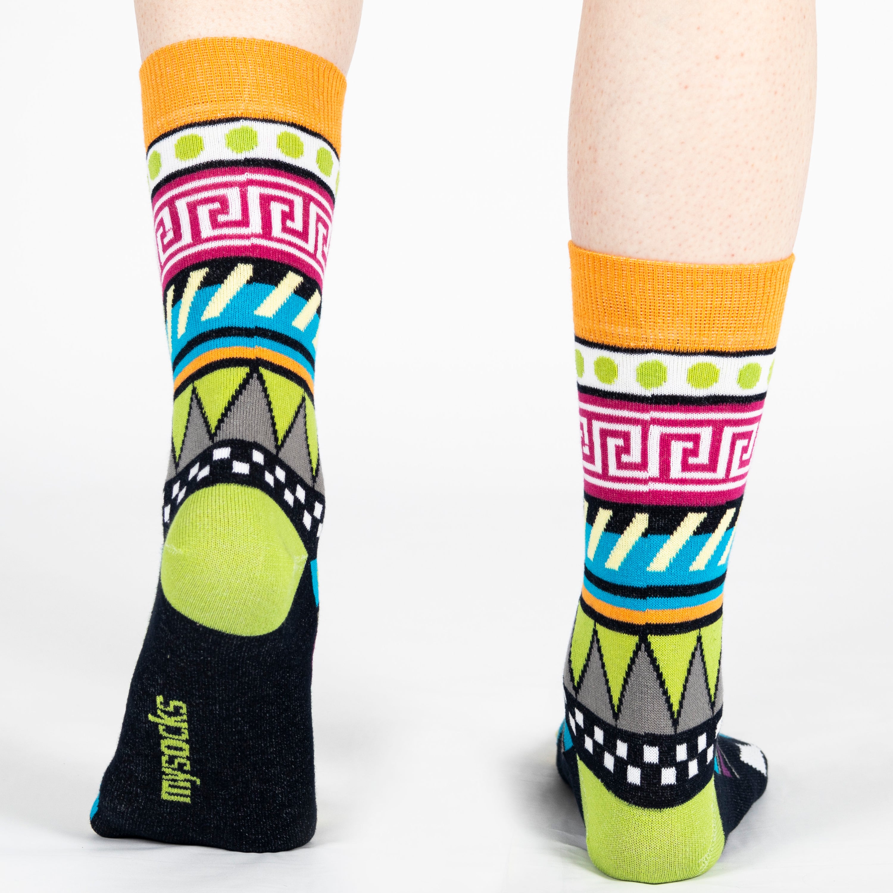Pair of unisex Mysocks Aztec crew socks featuring vibrant geometric patterns in teal, yellow, and green, displayed on a white background.