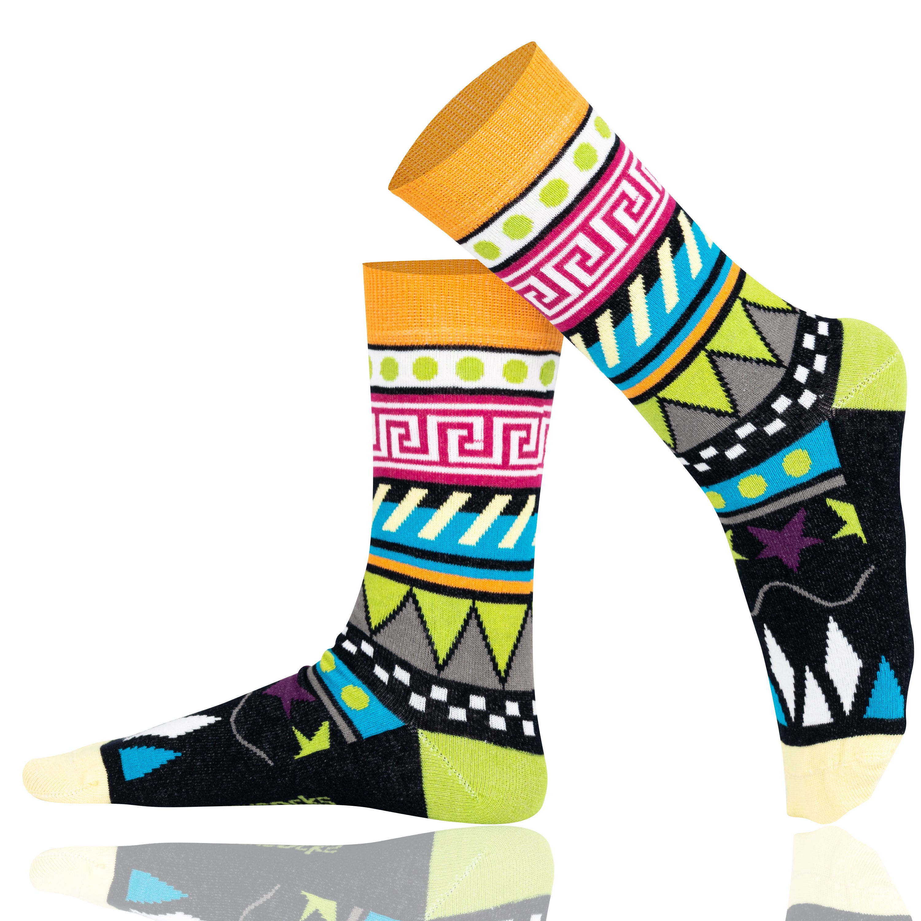 Pair of unisex Mysocks Aztec crew socks featuring vibrant geometric patterns in teal, yellow, and green, displayed on a white background.
