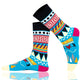 Pair of unisex Mysocks Aztec crew socks featuring vibrant geometric patterns in teal, yellow, and green, displayed on a white background.