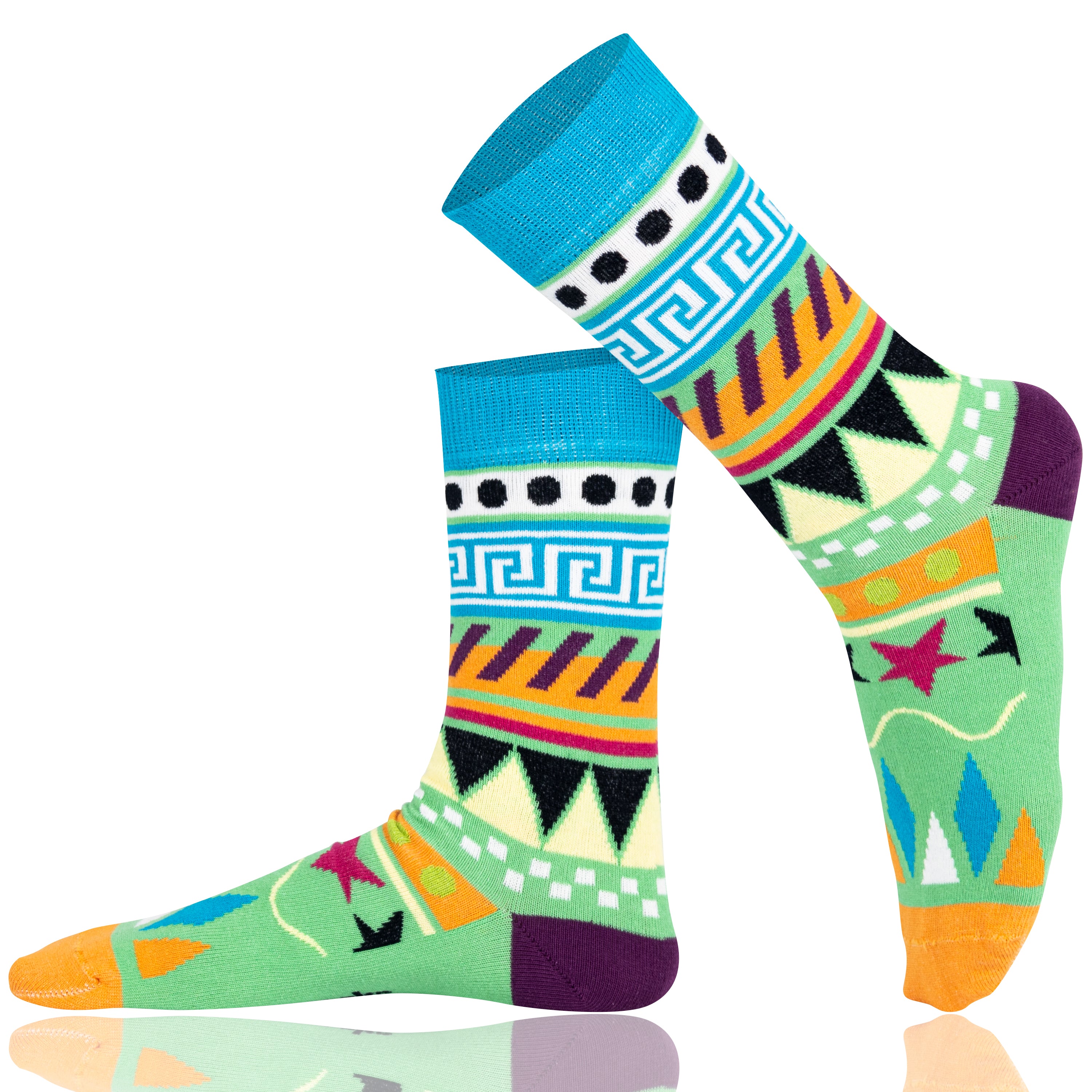 Pair of unisex Mysocks Aztec crew socks featuring vibrant geometric patterns in teal, yellow, and green, displayed on a white background.