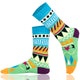 Pair of unisex Mysocks Aztec crew socks featuring vibrant geometric patterns in teal, yellow, and green, displayed on a white background.