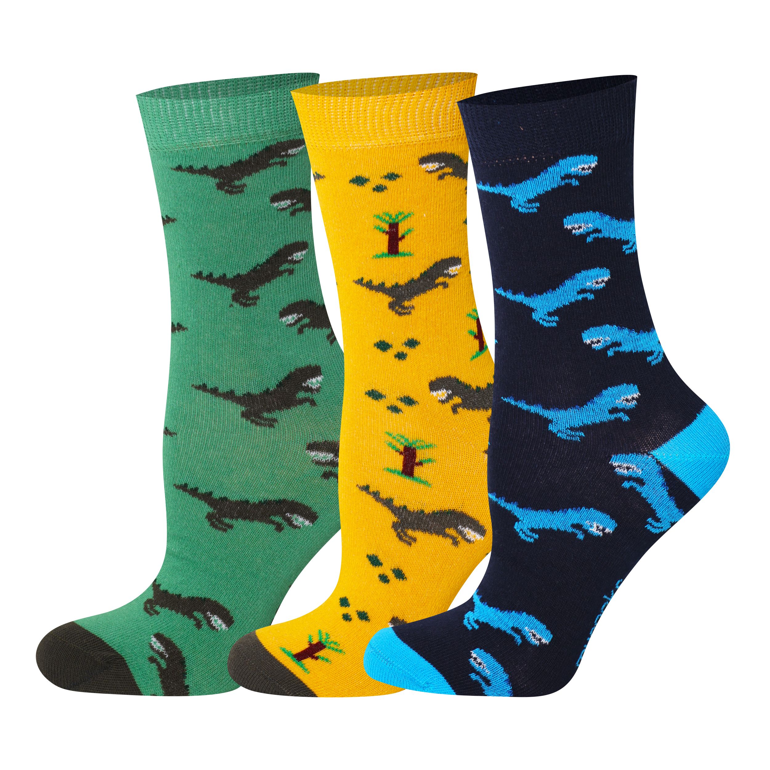 Mysocks Kids 3 pairs of crew socks featuring green, yellow, and navy dinosaur patterns.