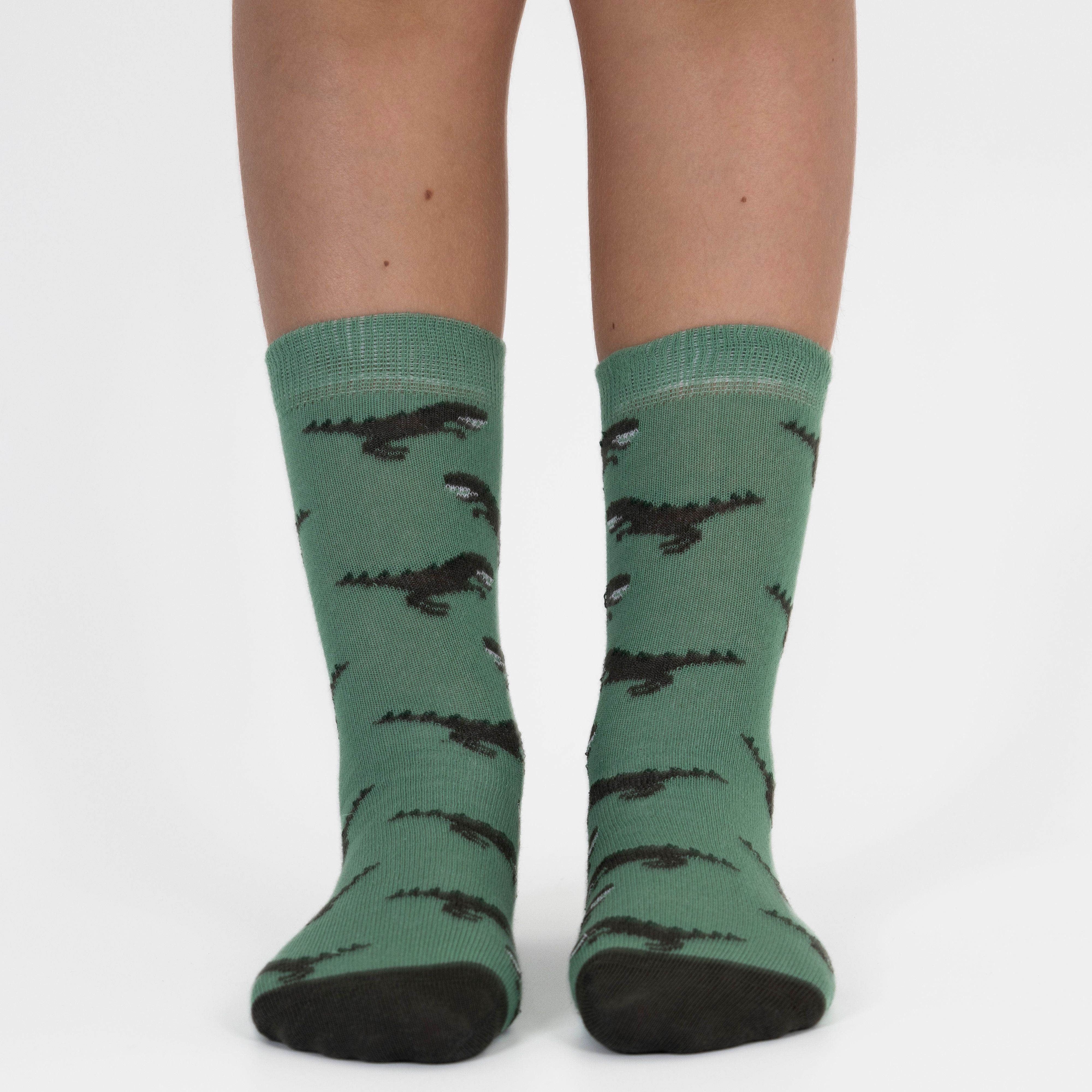 Mysocks Kids 3 pairs of crew socks featuring green, yellow, and navy dinosaur patterns.