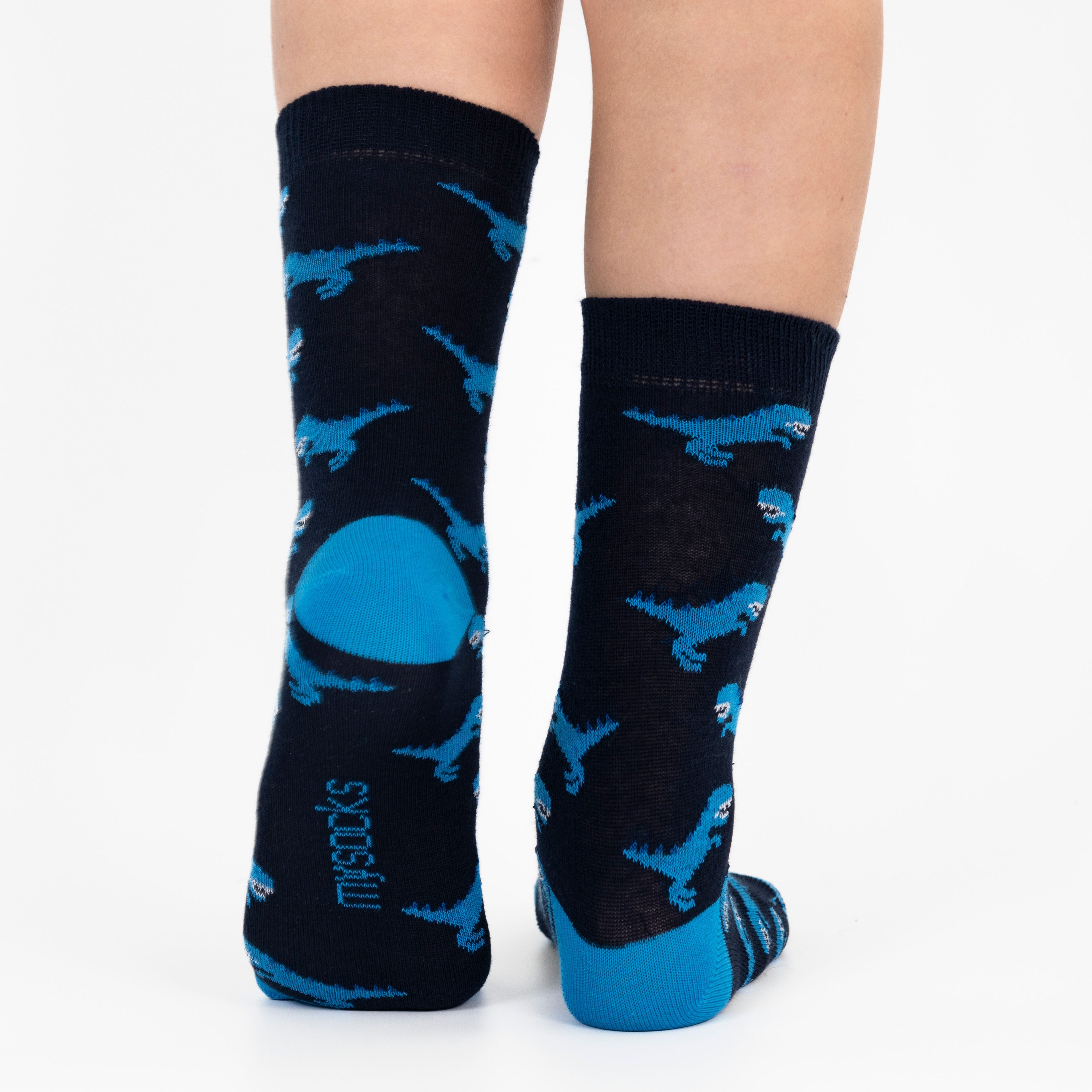 Mysocks Kids 3 pairs of crew socks featuring green, yellow, and navy dinosaur patterns.