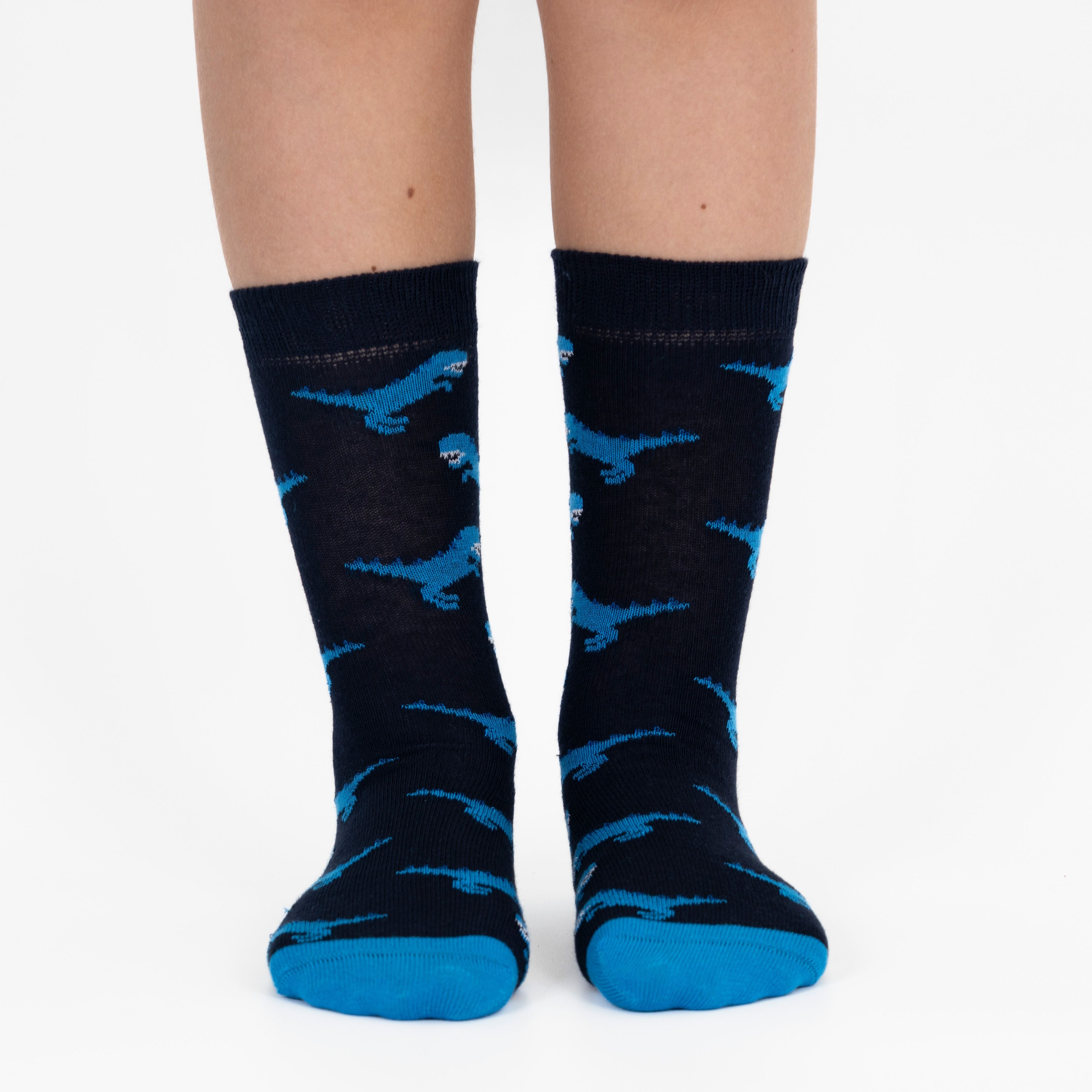 Mysocks Kids 3 pairs of crew socks featuring green, yellow, and navy dinosaur patterns.