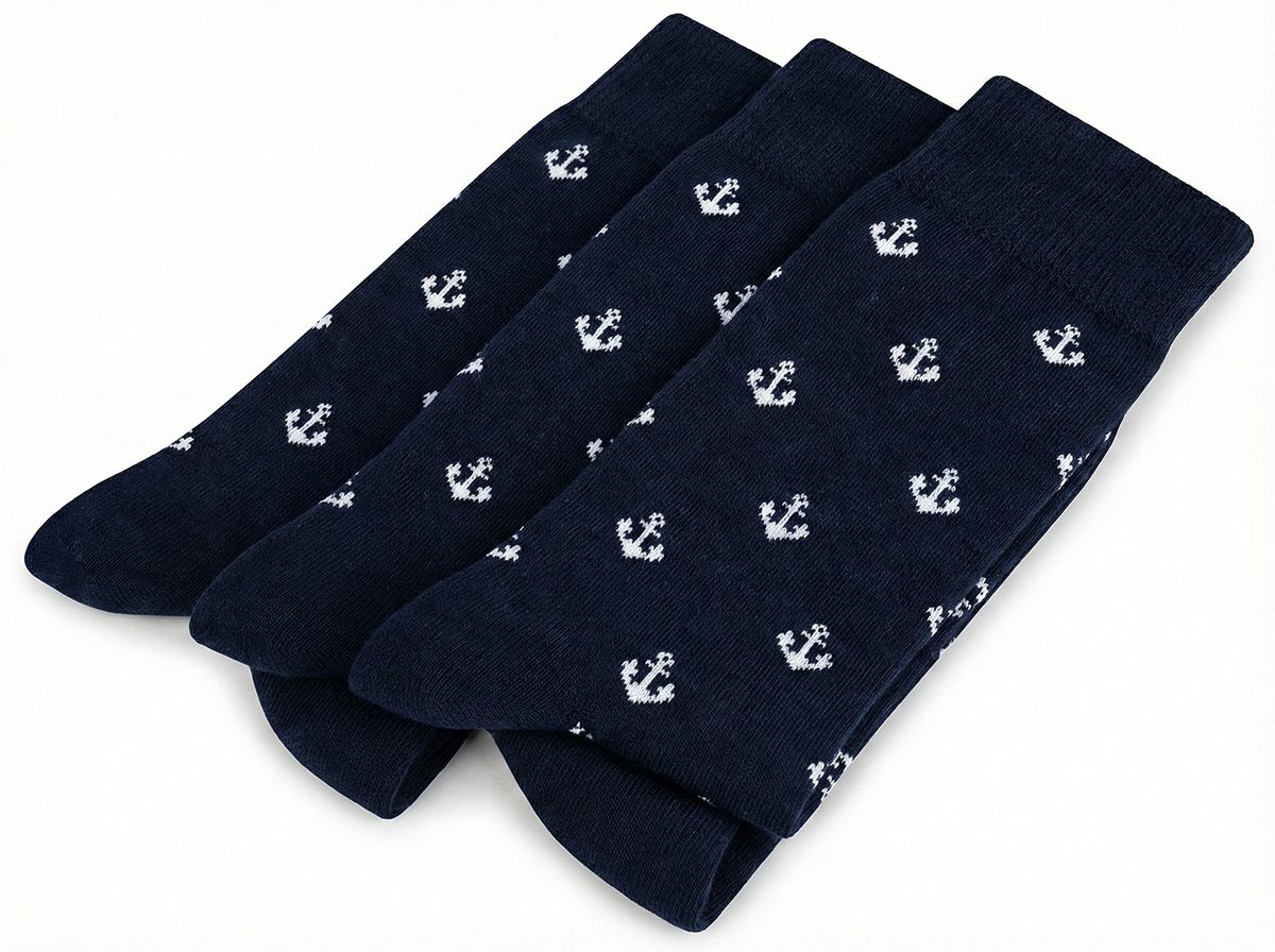 3 pairs of navy blue kids crew socks with white anchor design by Mysocks.