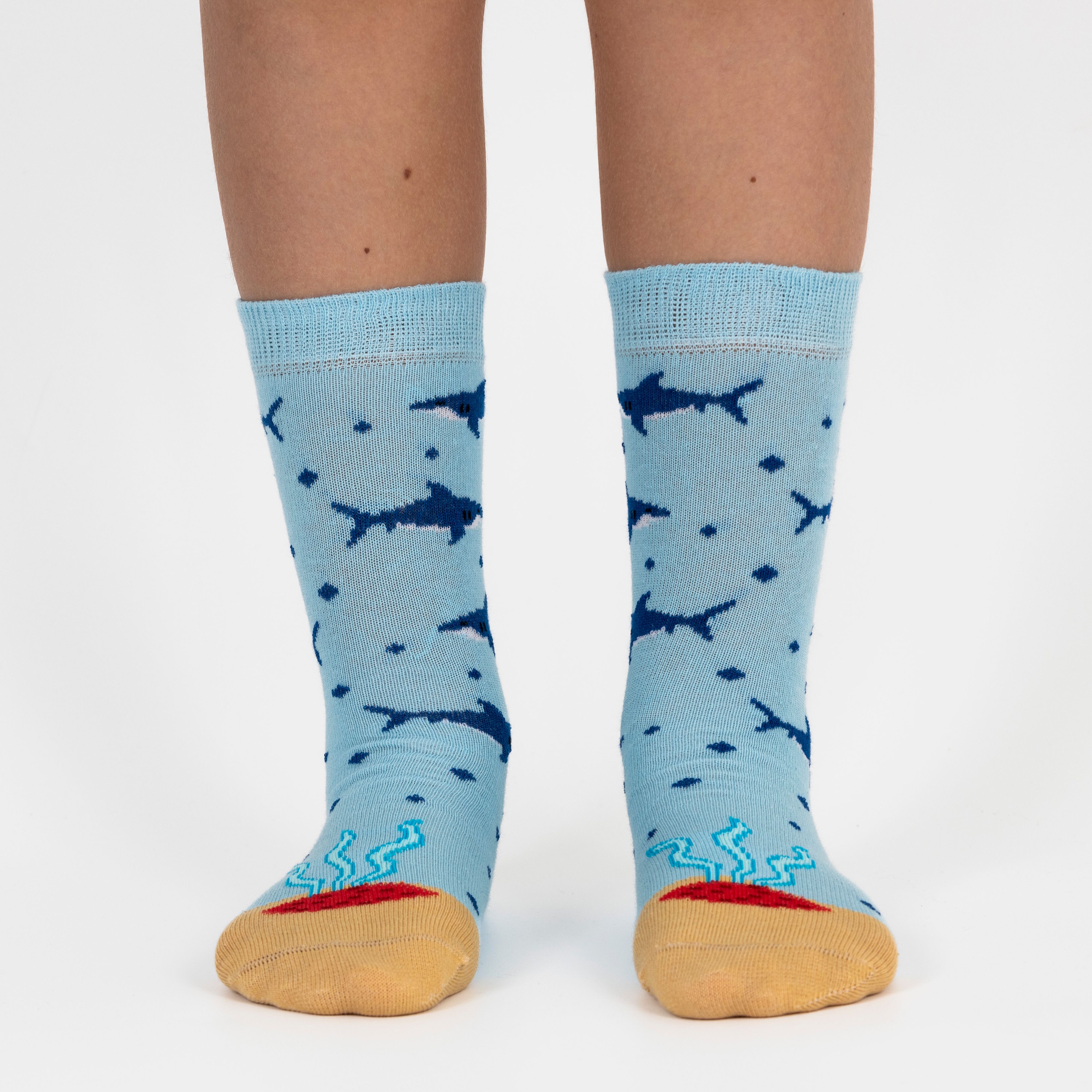 Mysocks kids 3-pair crew socks pack featuring fun shark and banana patterns